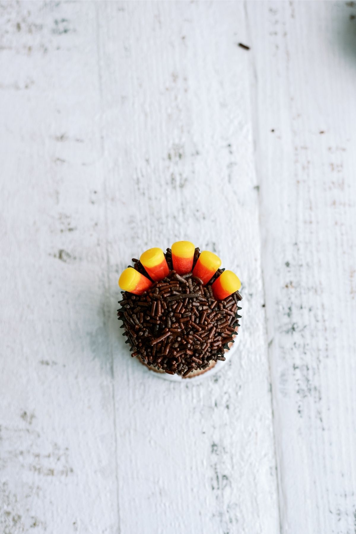 Chocolate cupcake with sprinkles and 5 candycorn pressed into it.
