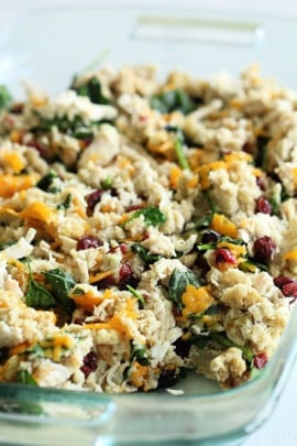 Turkey Cranberry Spinach Casserole in a glass baking dish.