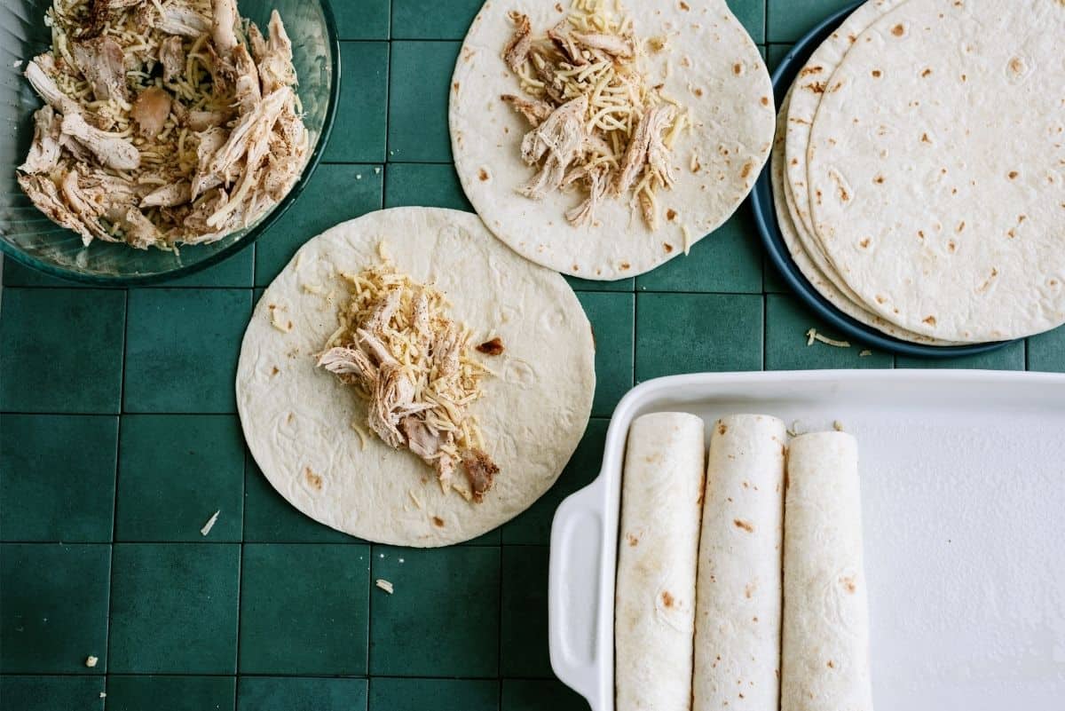 Flour tortillas filled with Turkey mixture and placed in pan