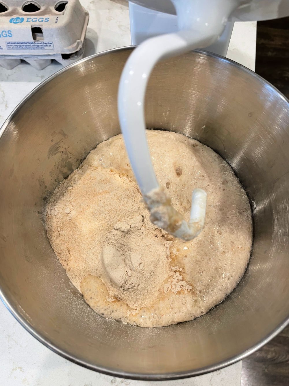 Stand Mixer with dough hook, filled with water and yeast
