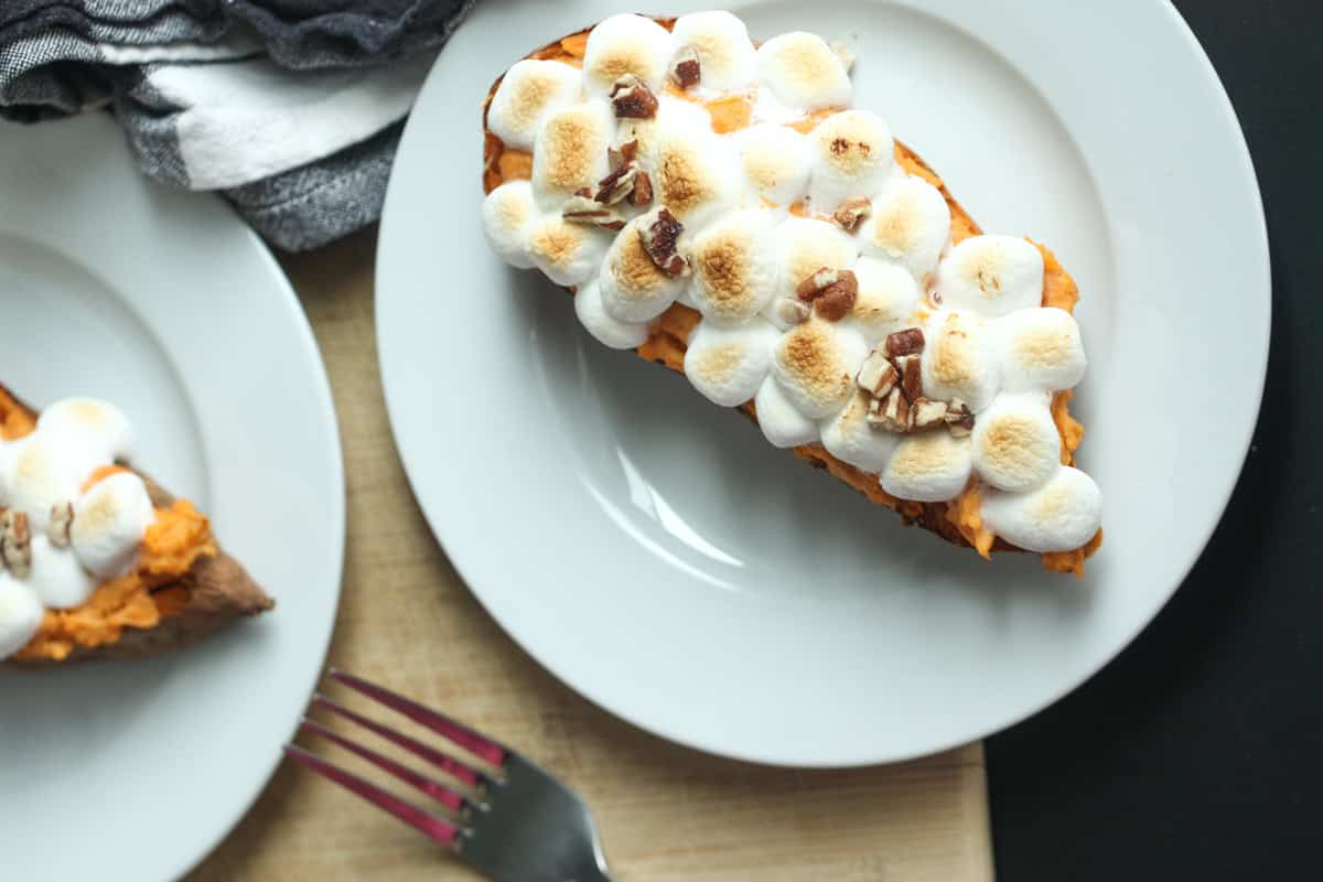 Twice Baked Sweet Potatoes on a white plate!