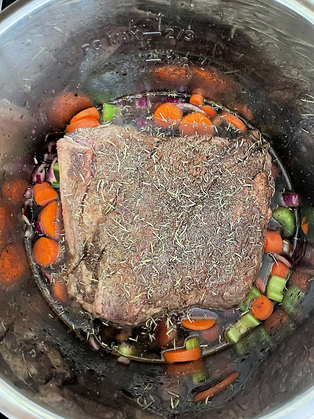 Instant Pot Perfect Beef Pot Roast inside instant pot with celery, carrots and seasonings