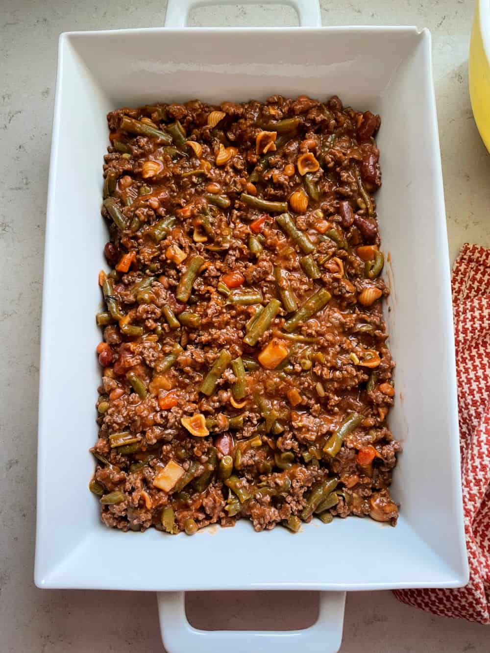 Ground Beef mixture in the bottom of a 9x13 pan!