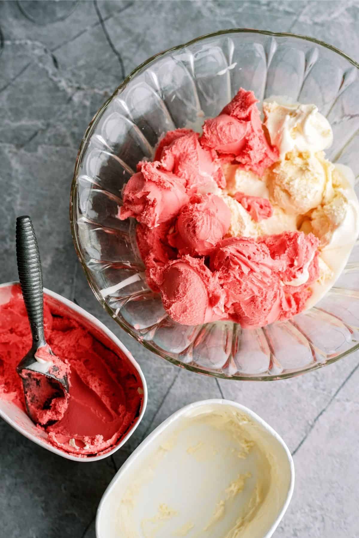 Softened ice cream in punch bowl