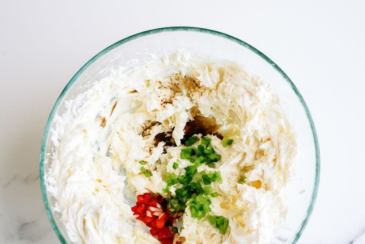 Whipped cream cheese with chopped pimento, green pepper and onion