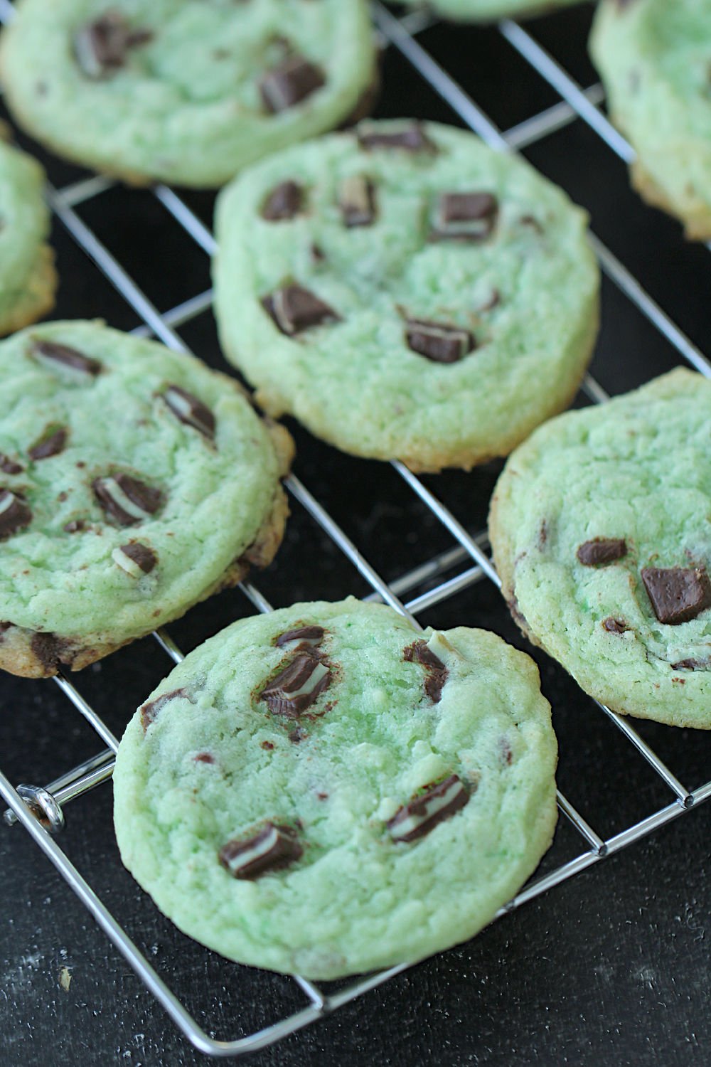Andes Mint Grinch Cookies on a cooling rack