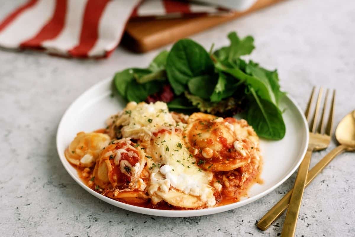 Ravioli Casserole serving on a white plate