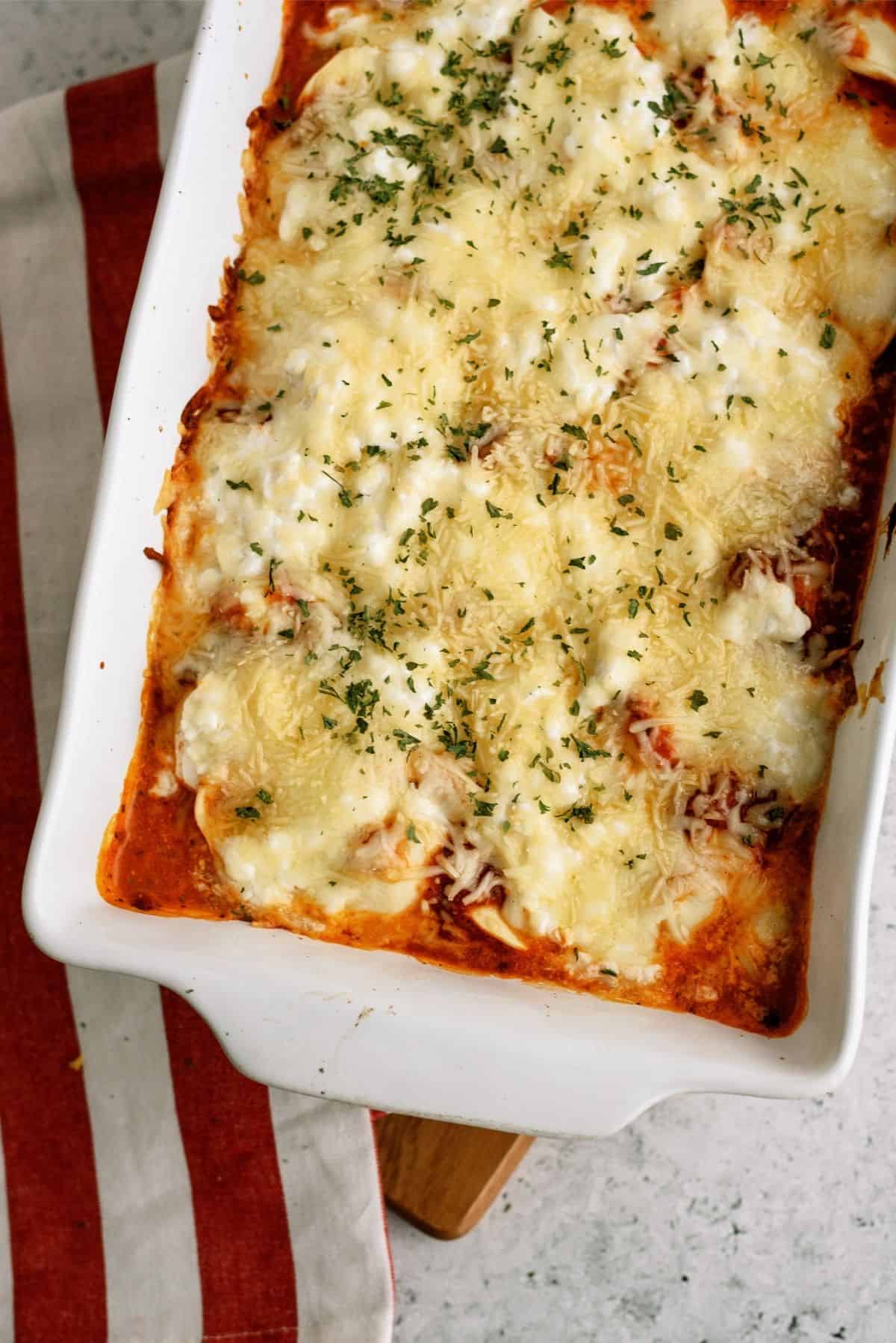 Ravioli Casserole baked in 9x13 dish