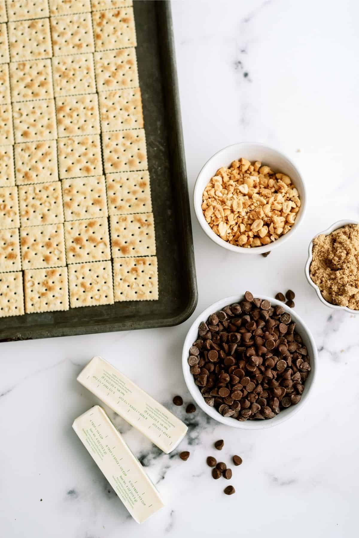 Ingredients needed to make Saltine Cracker English Toffee.