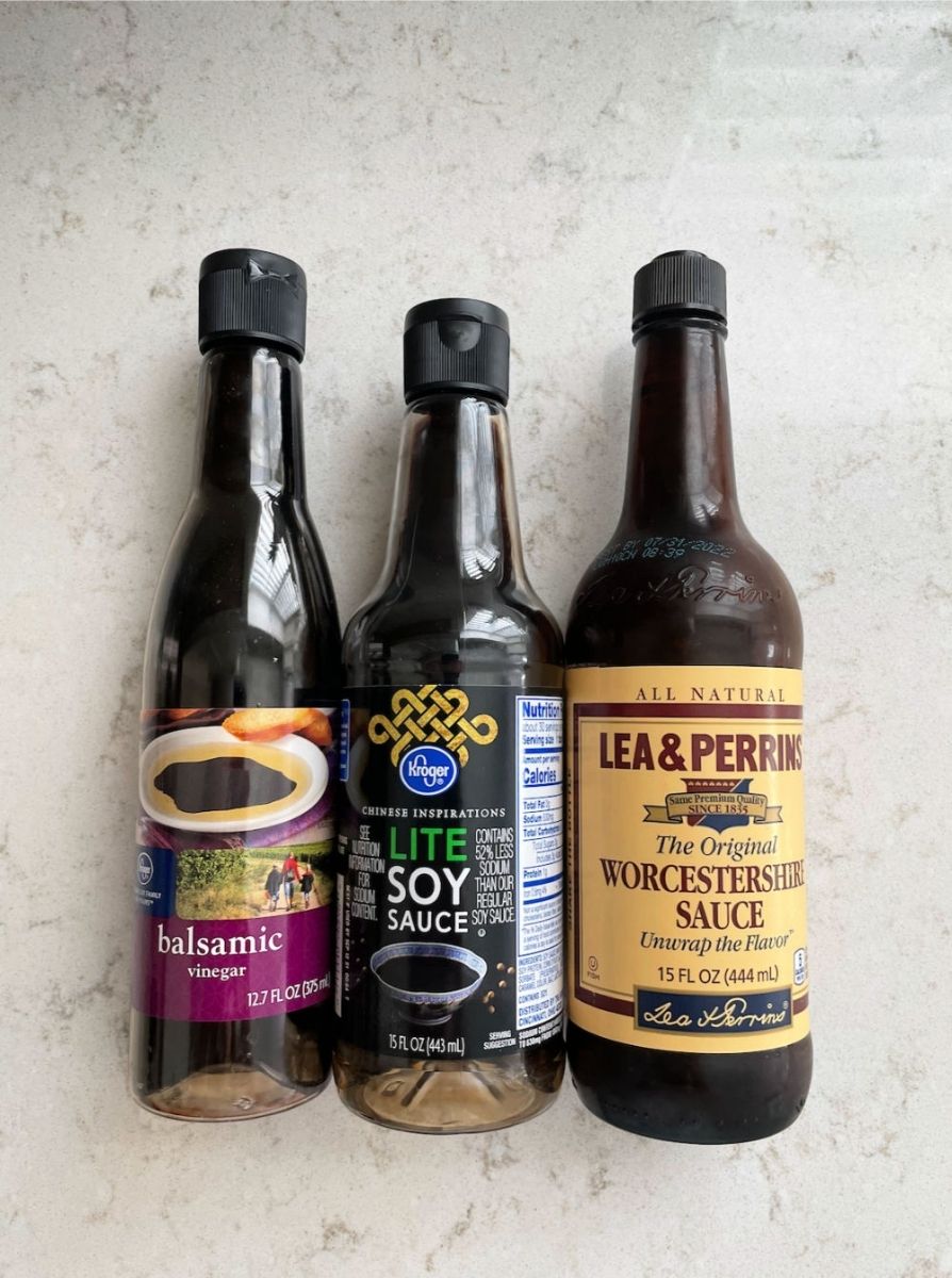 Soy sauce, Balsamic Vinegar and Worcestershire Sauce Bottles