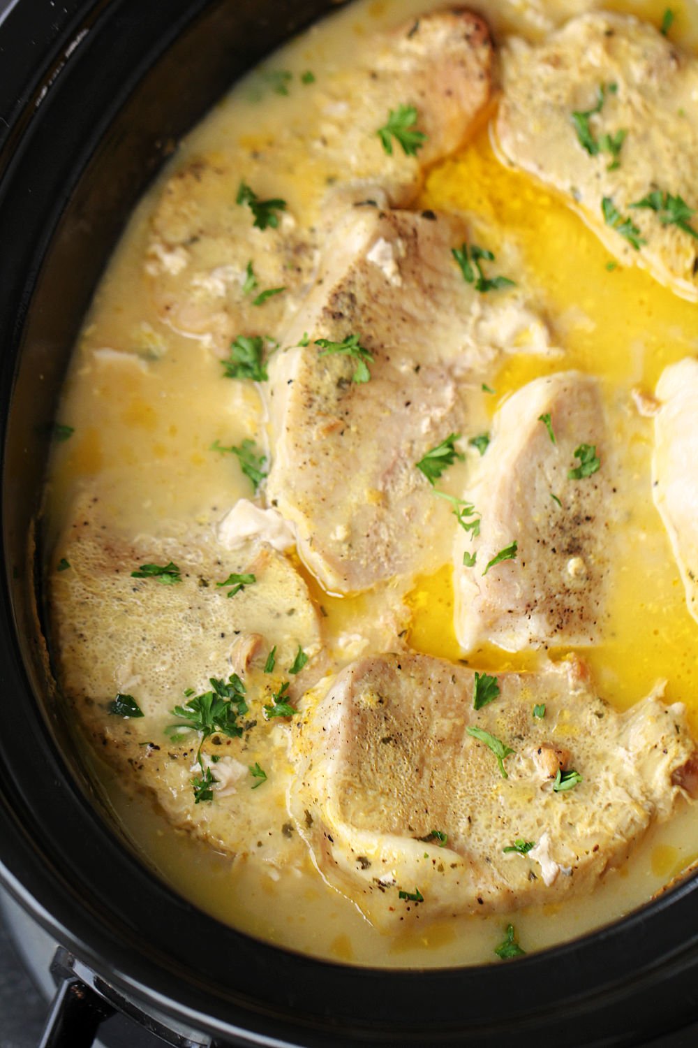 Slow Cooker Creamy Ranch Pork Chops and Potatoes in slow cooker