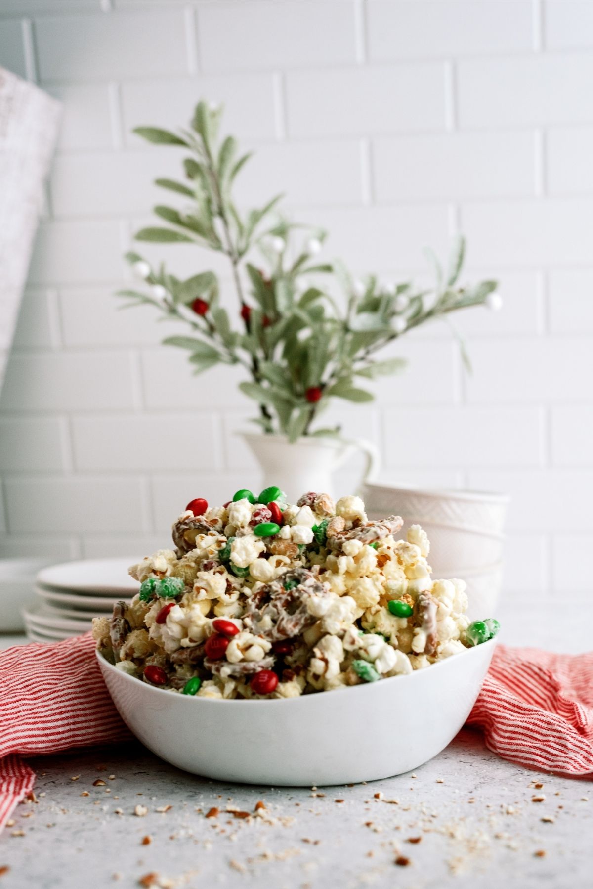 Sweet and Salty White Chocolate Popcorn in a white bowl 