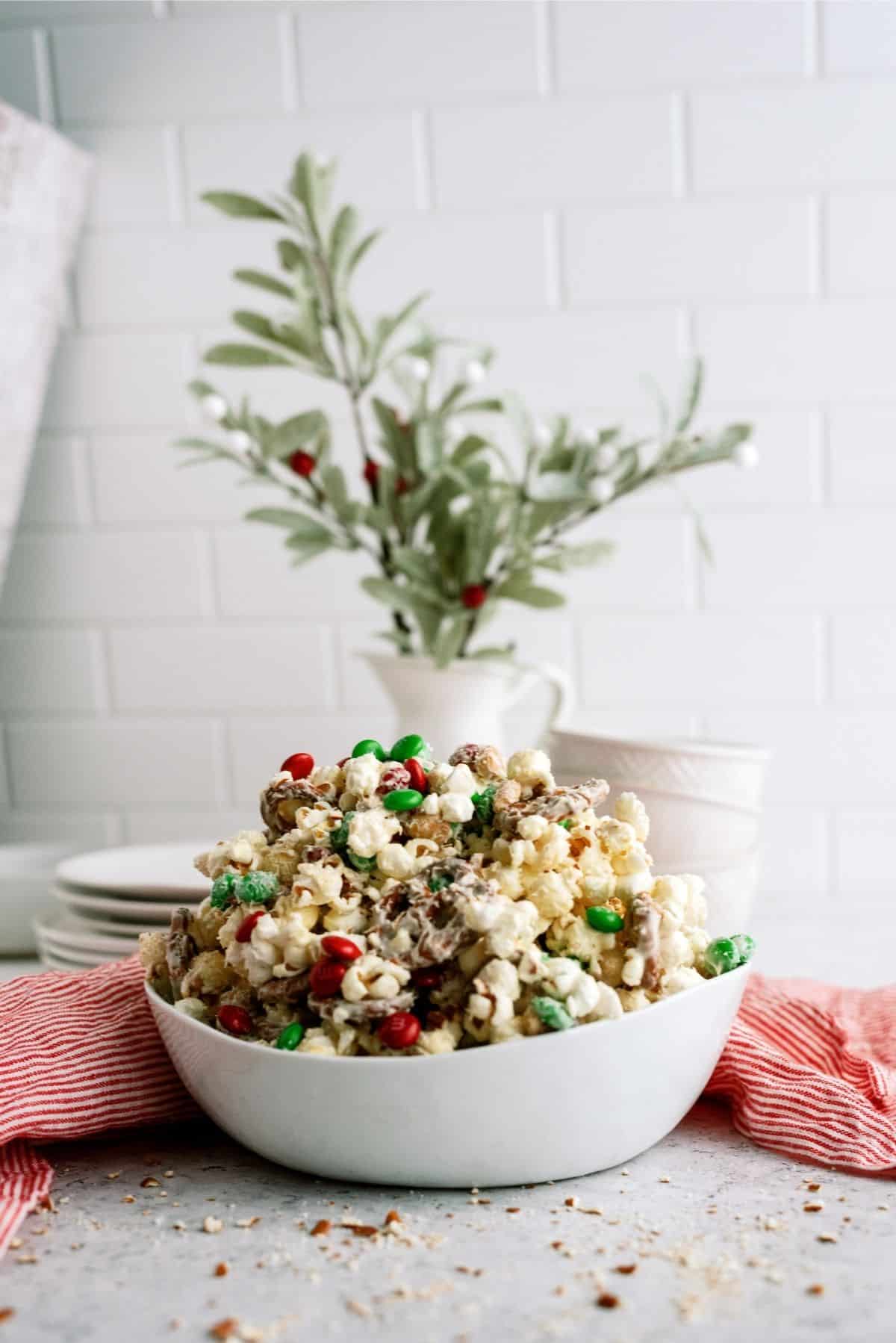 Sweet and Salty White Chocolate Popcorn in a white bowl 