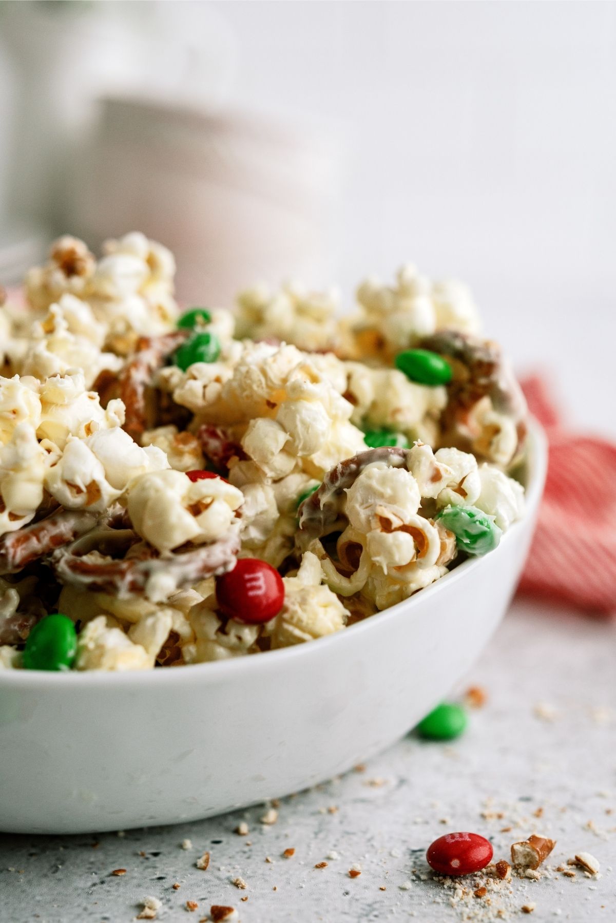 Sweet and Salty White Chocolate Popcorn in a white bowl