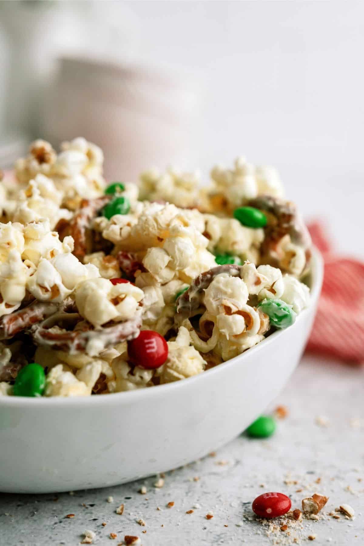 Sweet and Salty White Chocolate Popcorn in a white bowl