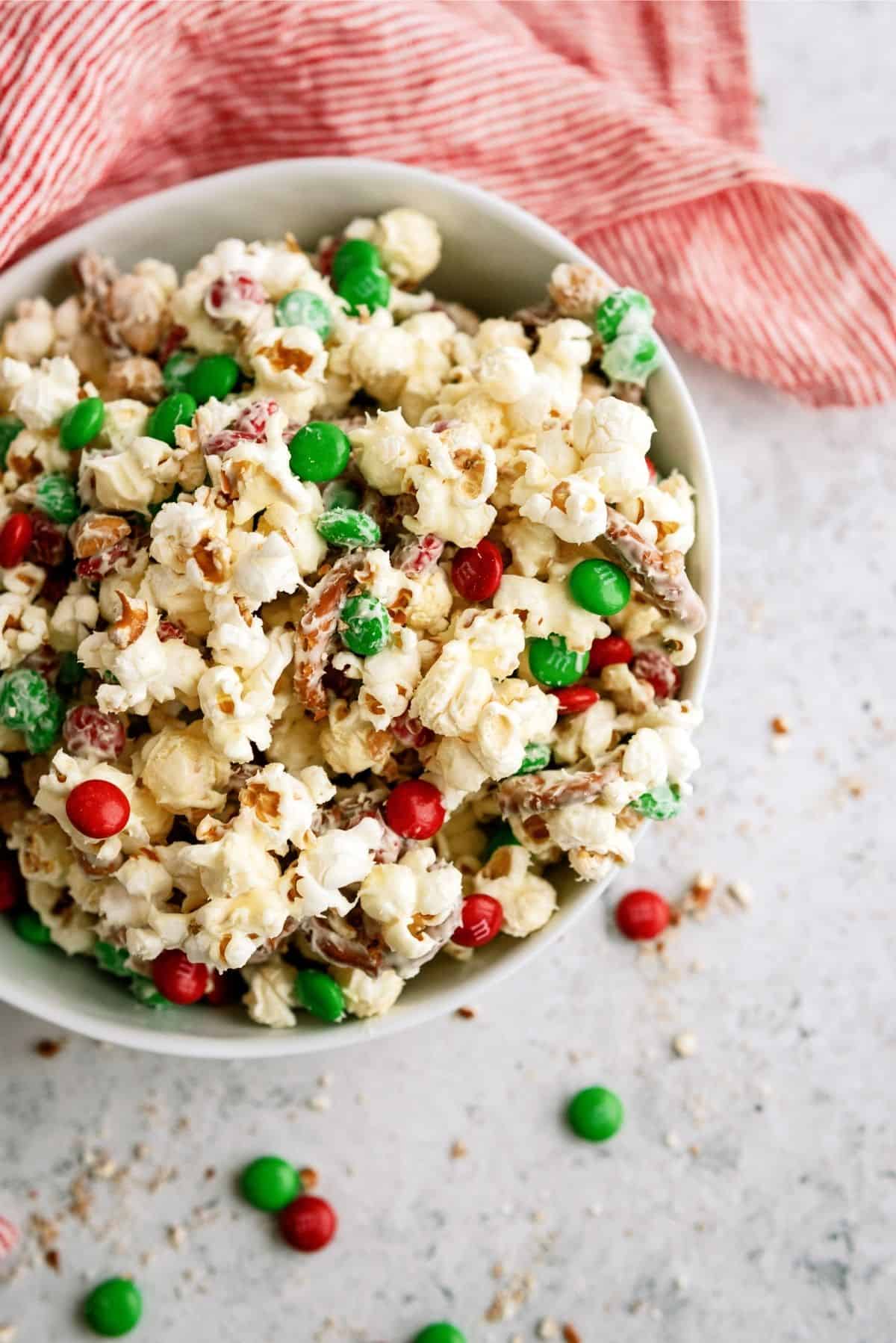 Top view of a bowl full of Sweet and Salty White Chocolate Popcorn