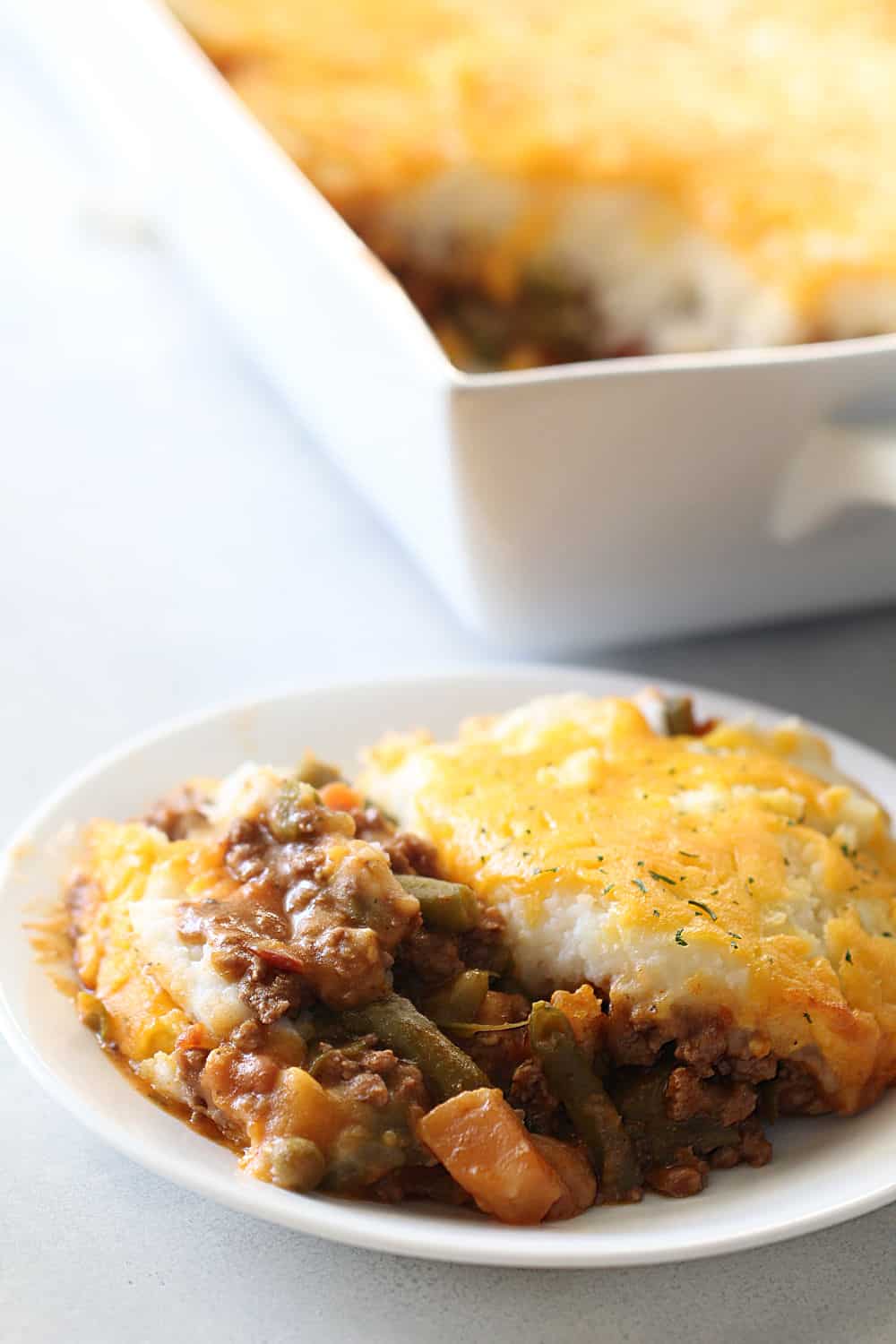 Quick and Easy Shepherd's Pie serving on a white plate