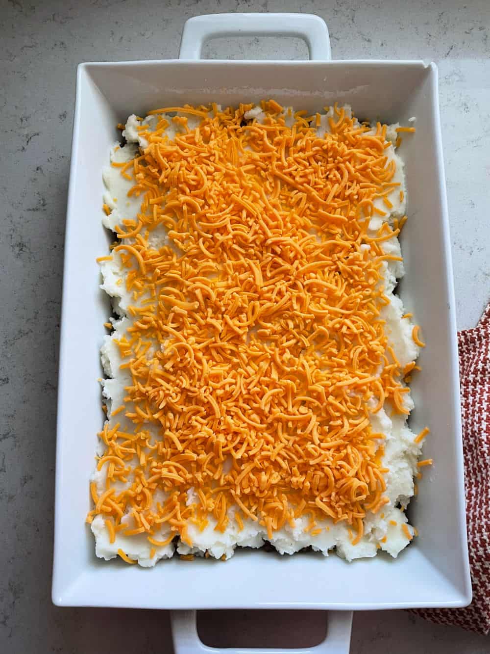 Quick and Easy Shepherd's Pie ready to be baked