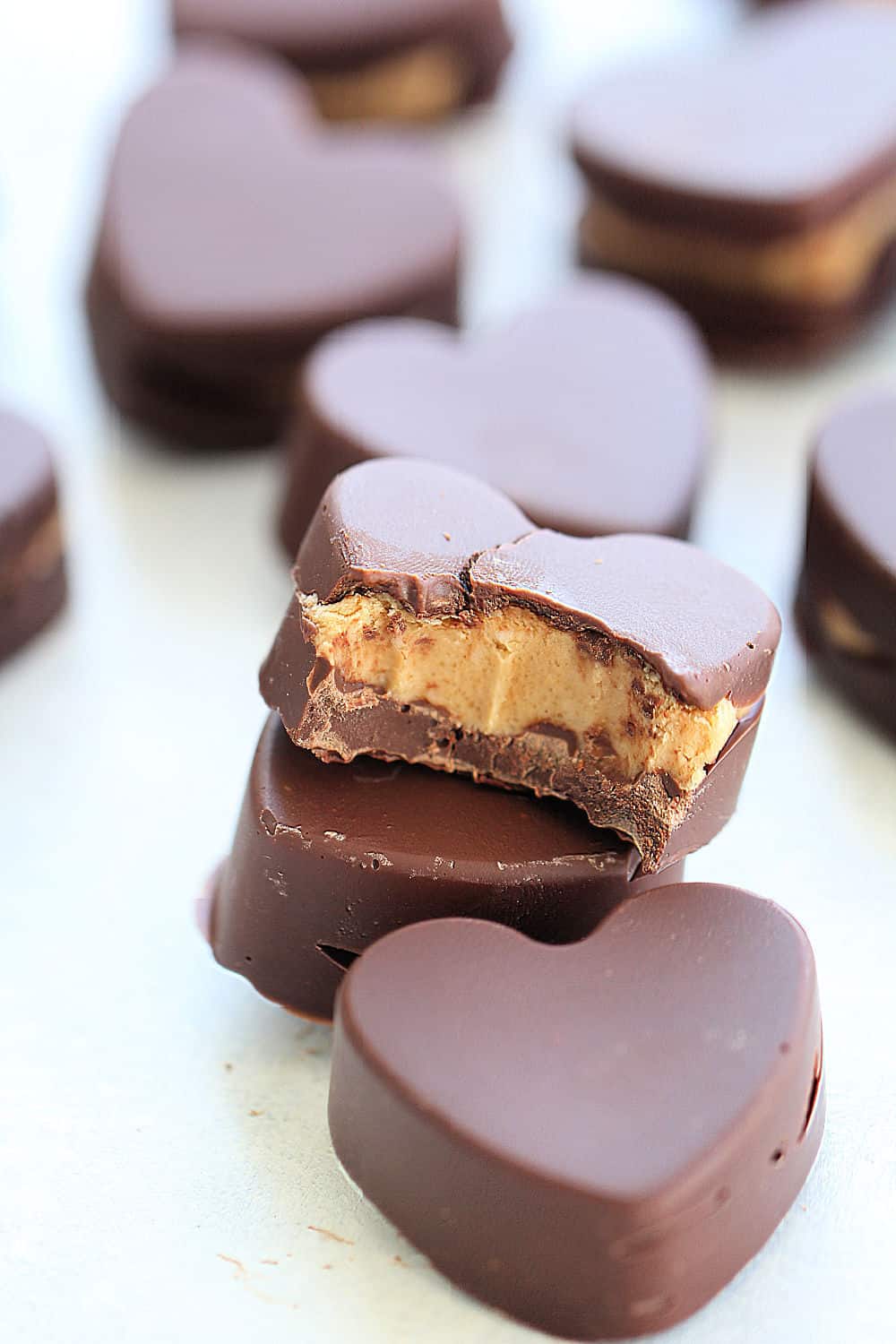 Peanut Butter Chocolate Hearts (Homemade Reese's) on a counter top