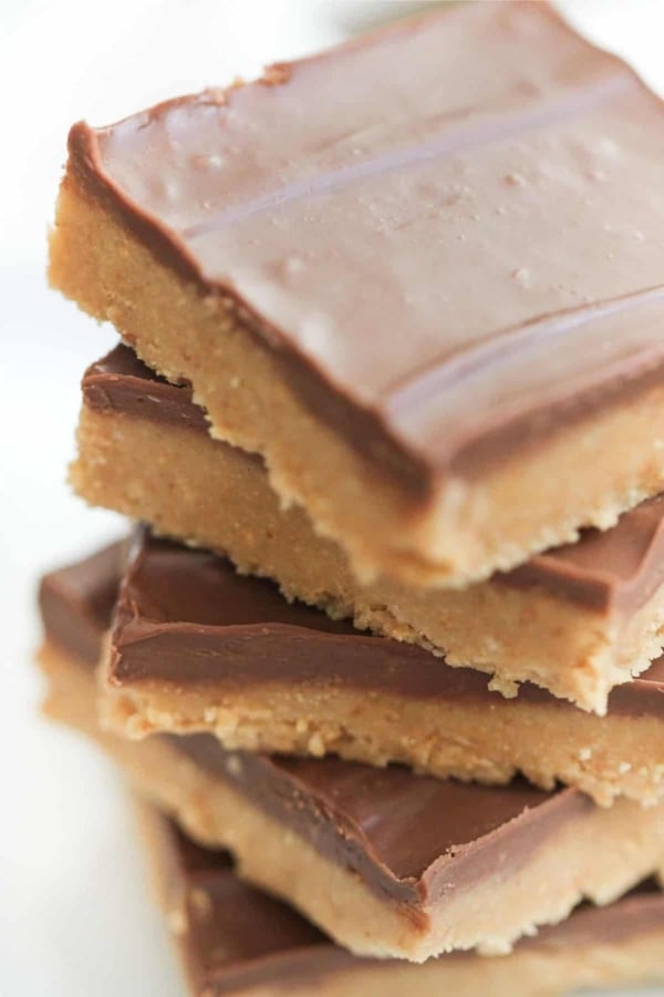 Easy No Bake Peanut Butter Bars cut into squares and stacked