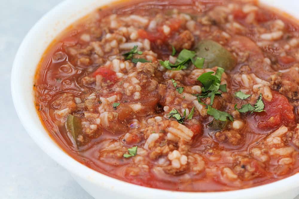 Stuffed Pepper Soup in a white bowl