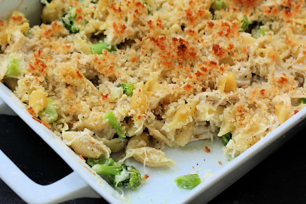 Chicken and Broccoli Alfredo Casserole in casserole dish