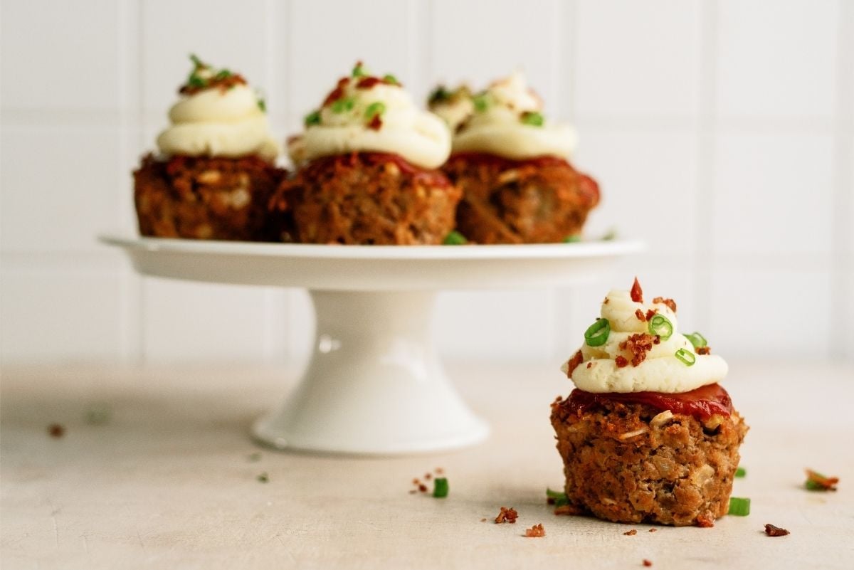 Meatloaf Cupcakes on a cake stand
