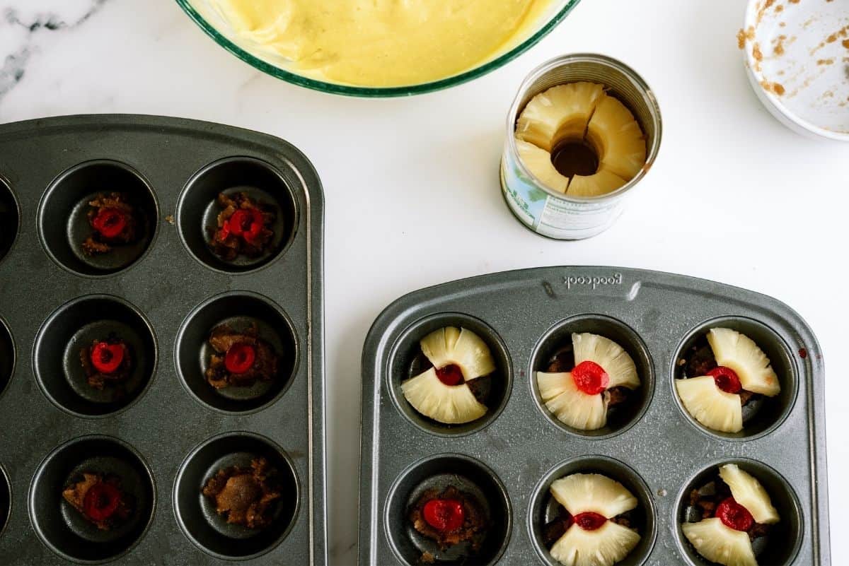 Brown sugar and pineapple layer of Mini Pineapple Upside Down Cakes