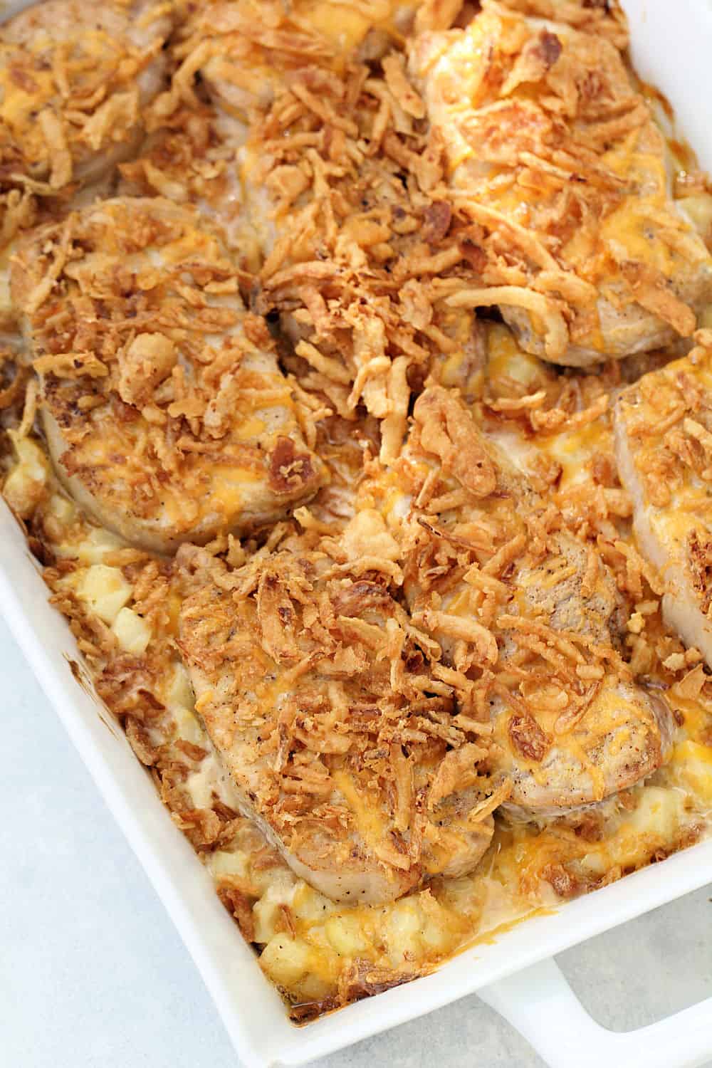 Close up of Pork Chops and Hashbrown Casserole