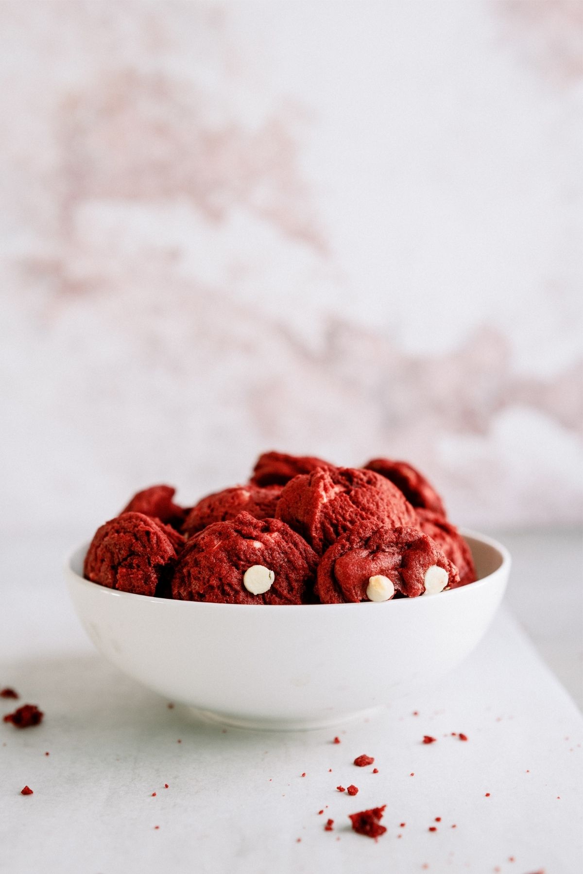 Red Velvet White Chocolate Chip Cookies in a bowl
