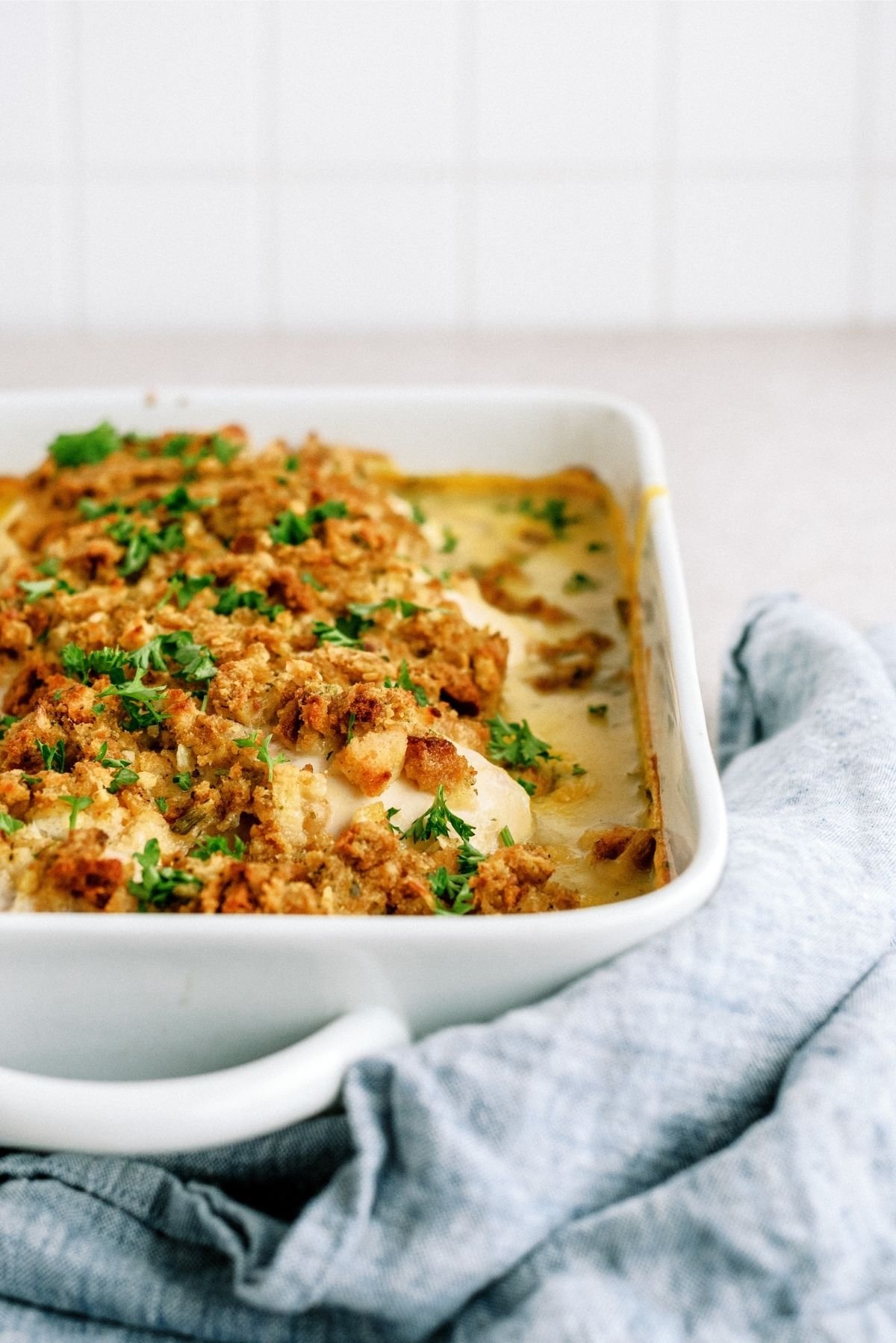 Casserole dish with Savory Chicken and Stuffing Bake