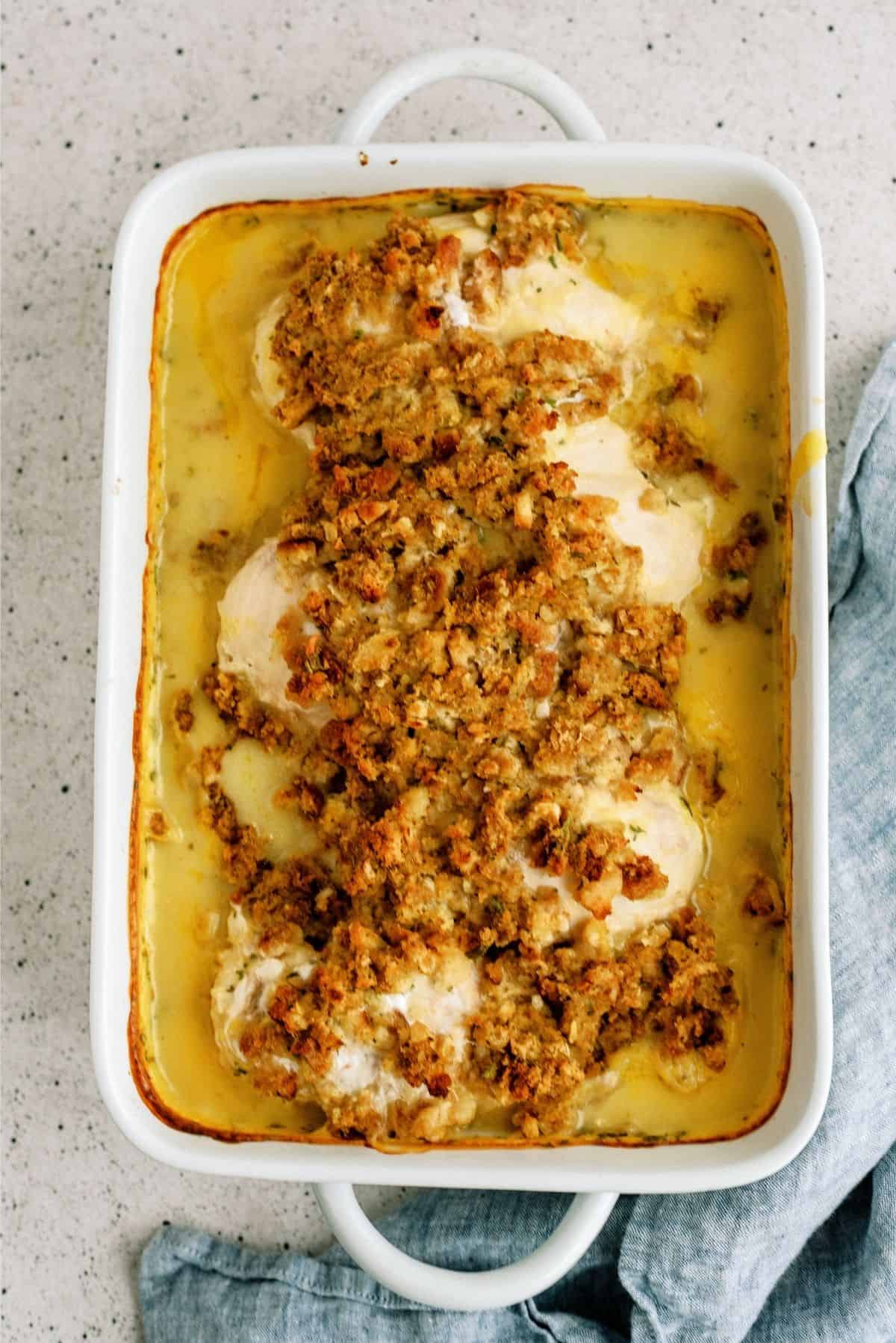 Casserole dish filled with Savory Chicken and Stuffing Bake