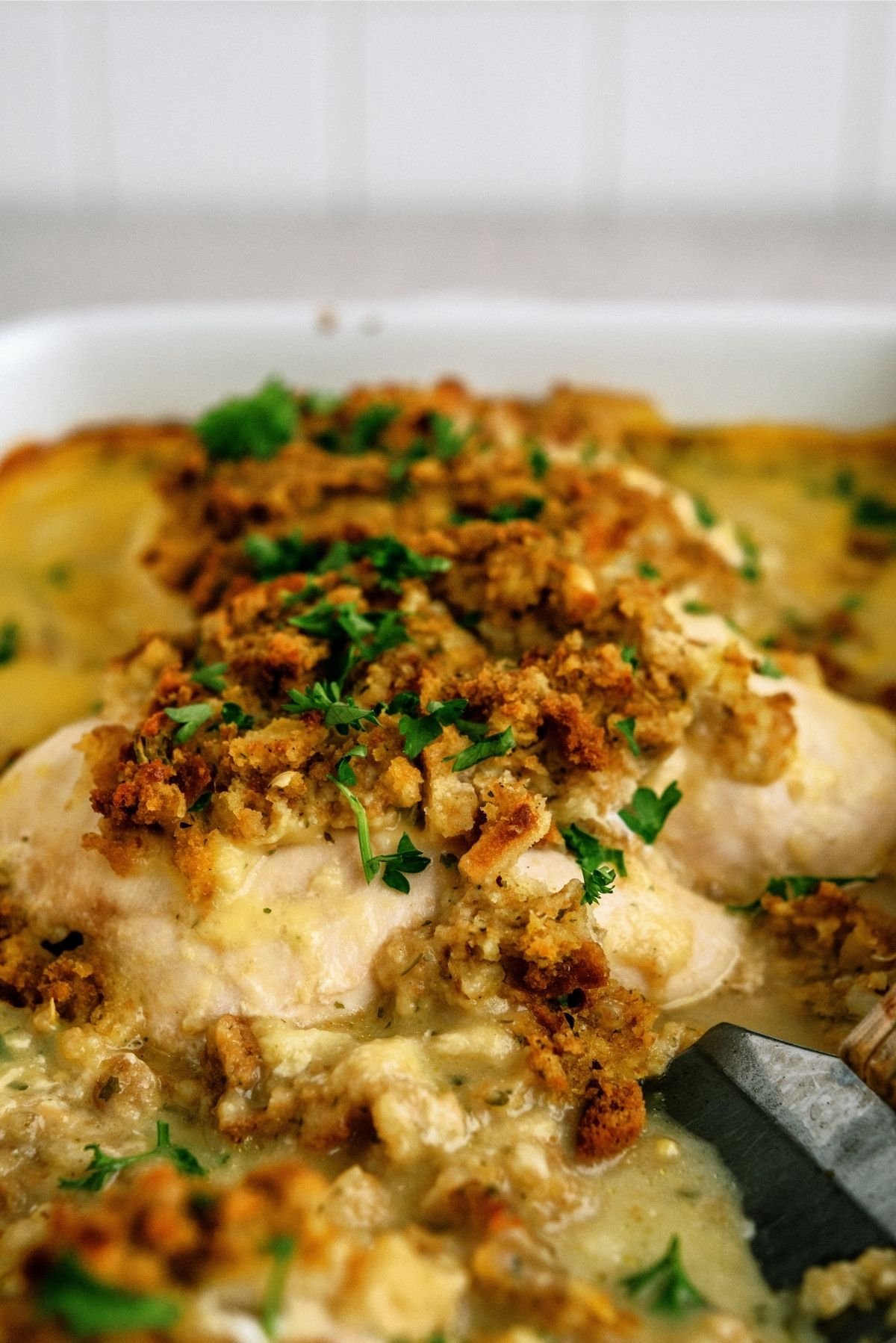close up of Savory Chicken and Stuffing Bake
