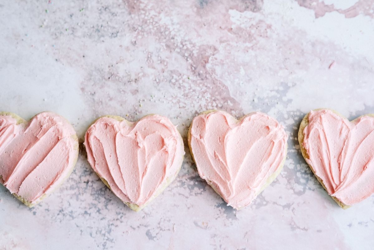 Valentine Sugar Cookies frosted and in a row