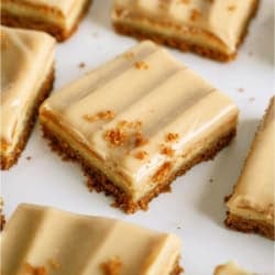 Caramel Cheesecake Bars cut into squares on a white background.