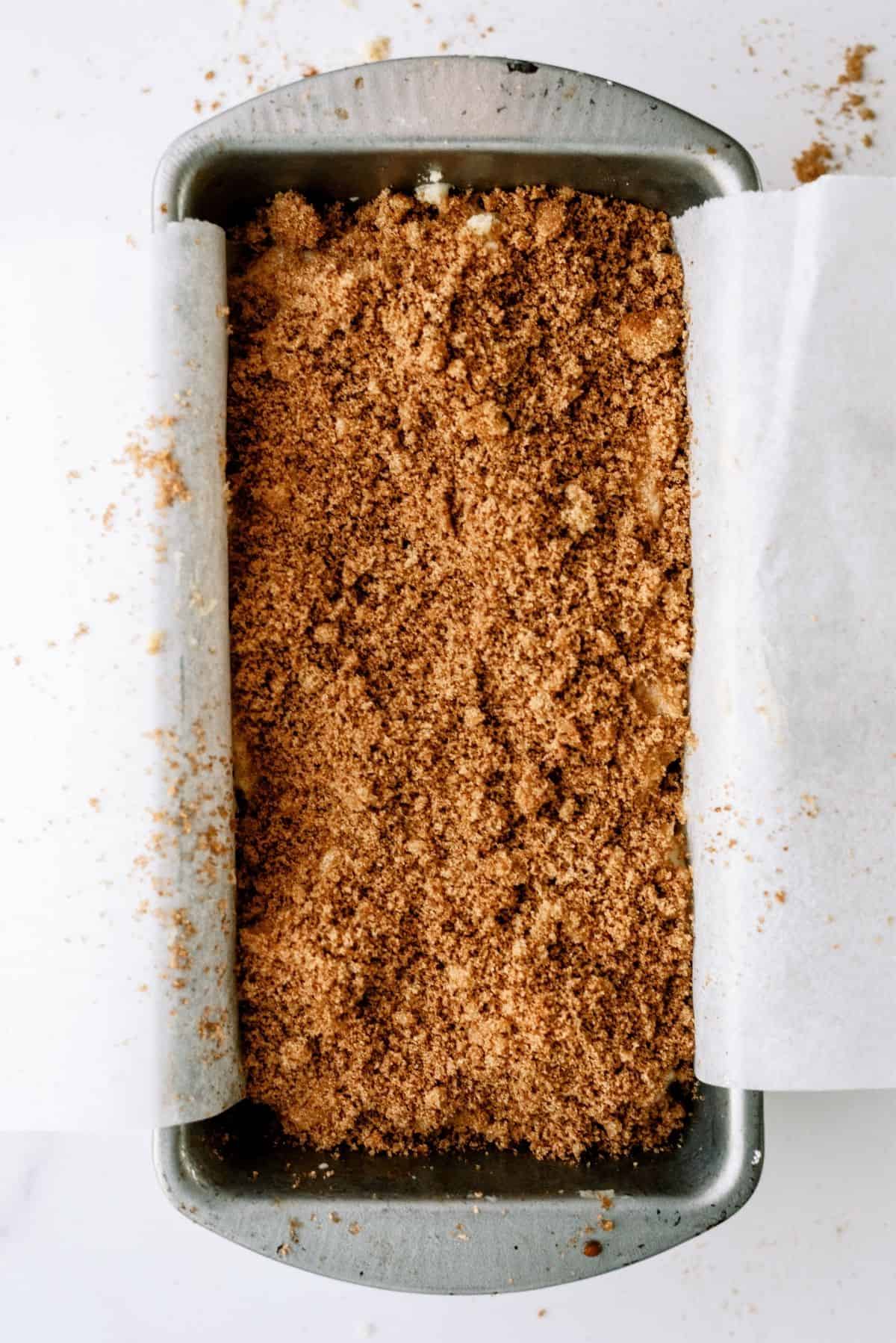 Cinnamon and Sugar mixture layered on top of bread batter