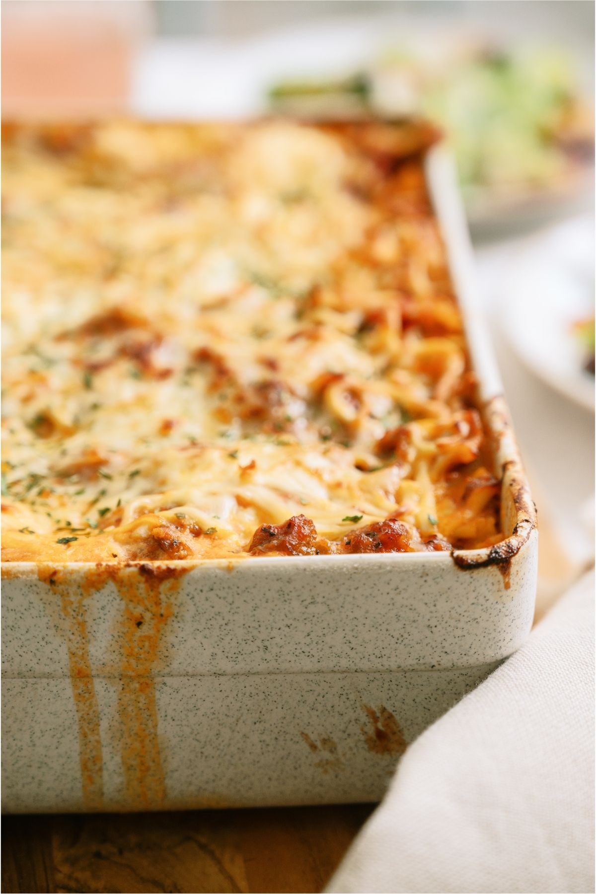 Close up of Easy Homemade Lasagna in baking dish.