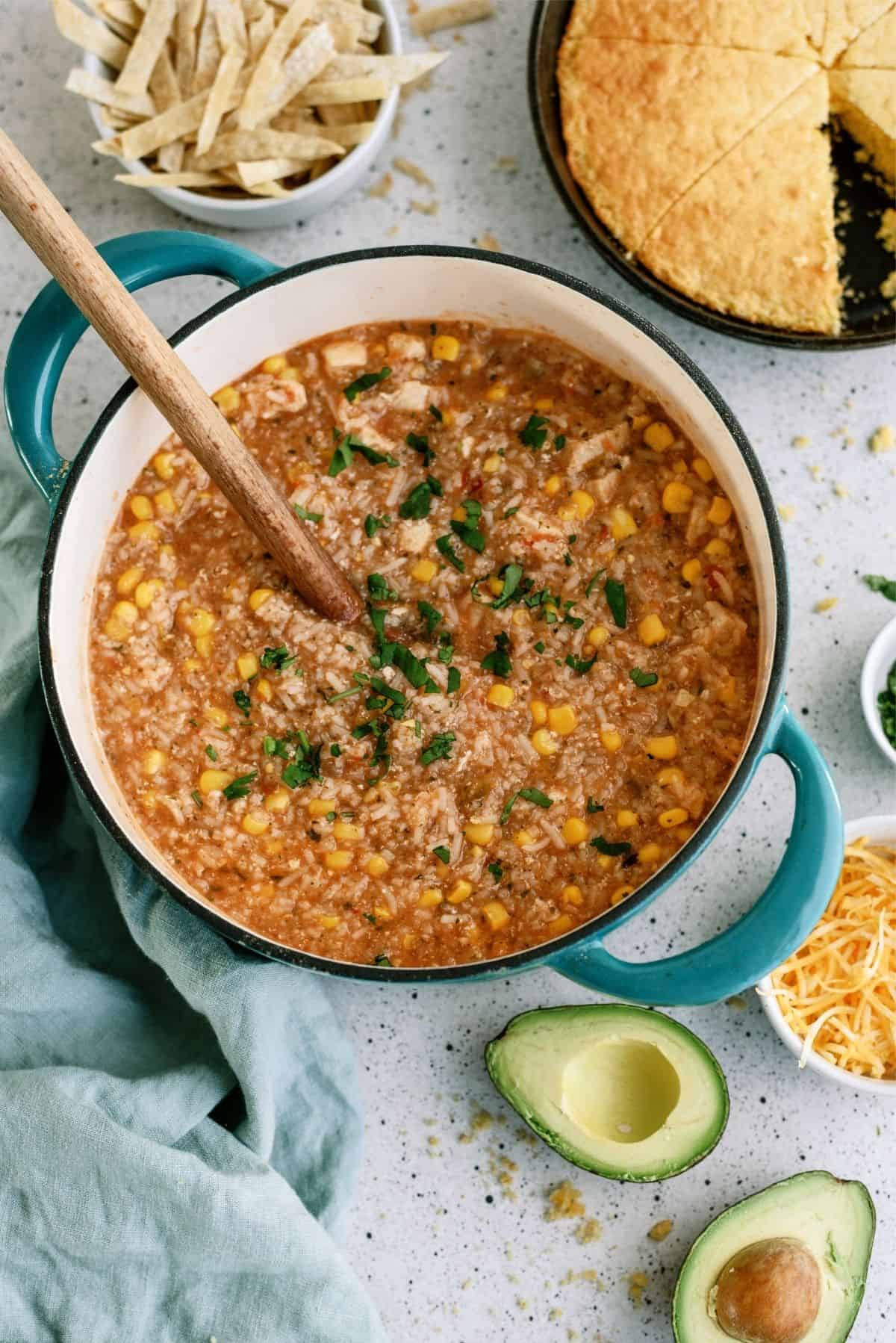 Hearty Chicken Tortilla Soup in a stock pot