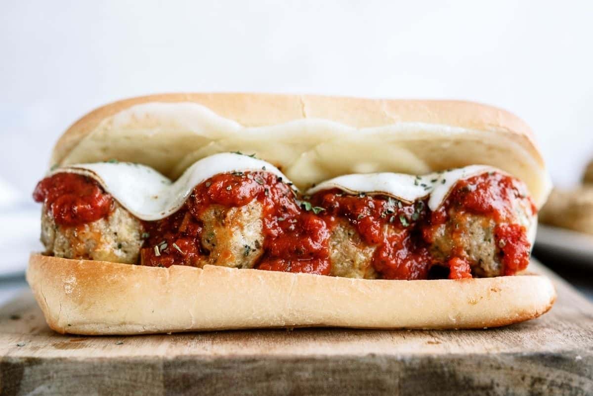 Homemade Turkey Meatball Sub on a cutting board