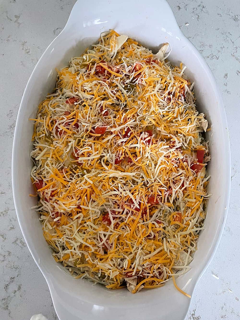 Layer 1 of Easy Southwest Chicken Casserole Bake in casserole dish