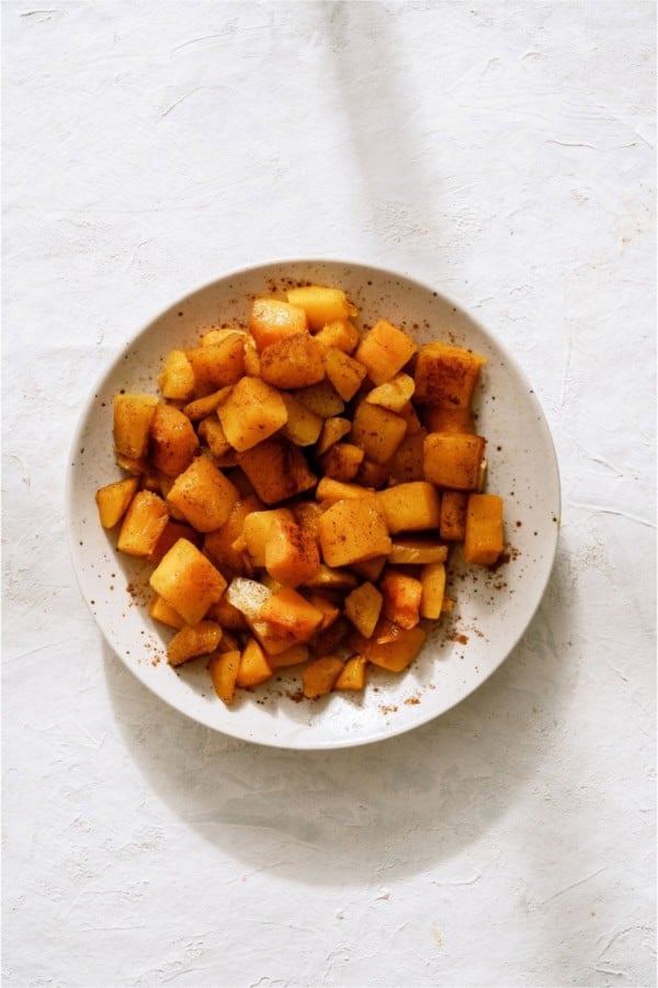 Maple Roasted Butternut Squash in a white bowl.