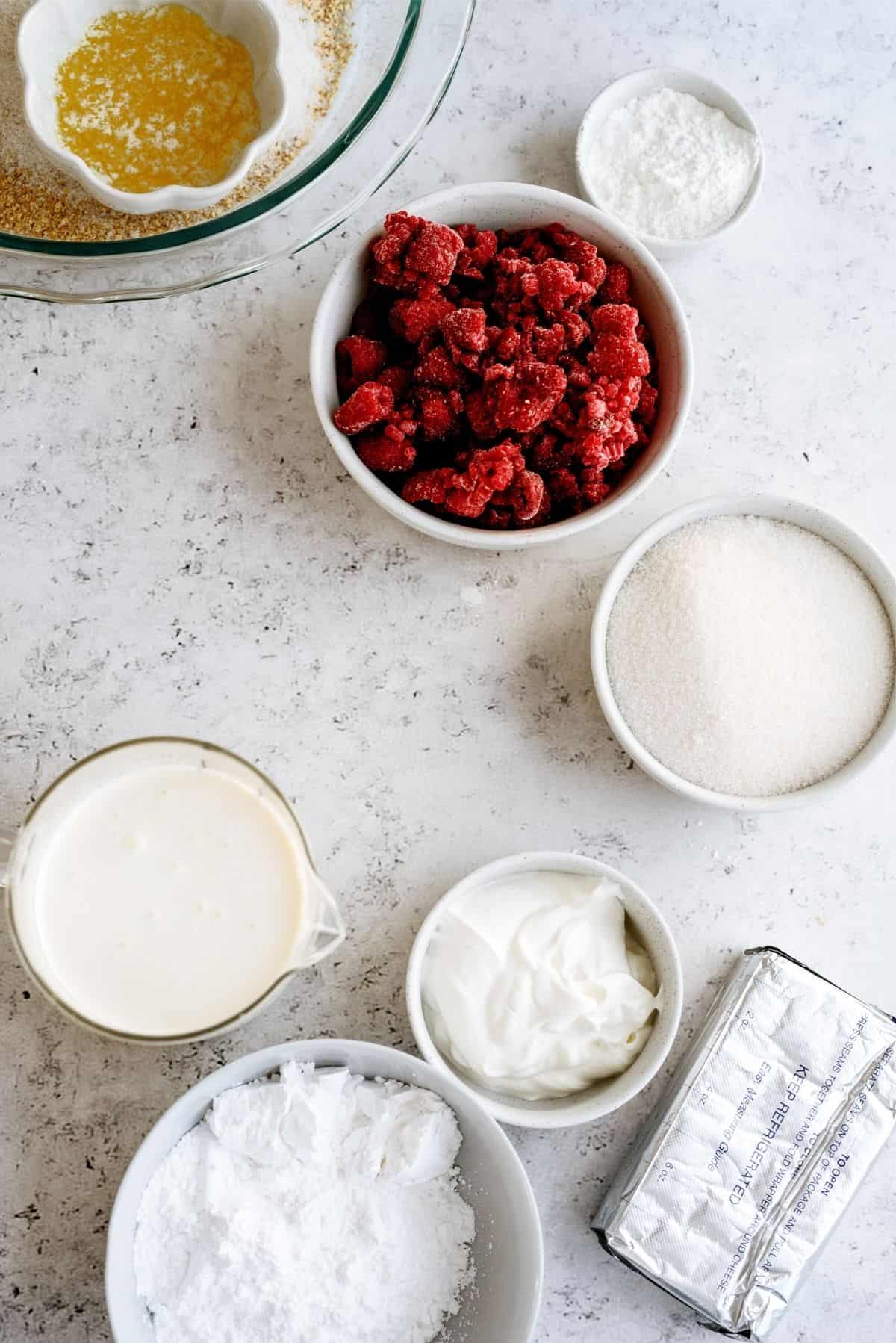 Ingredients needed to make Raspberry Cream Cheese Pie.