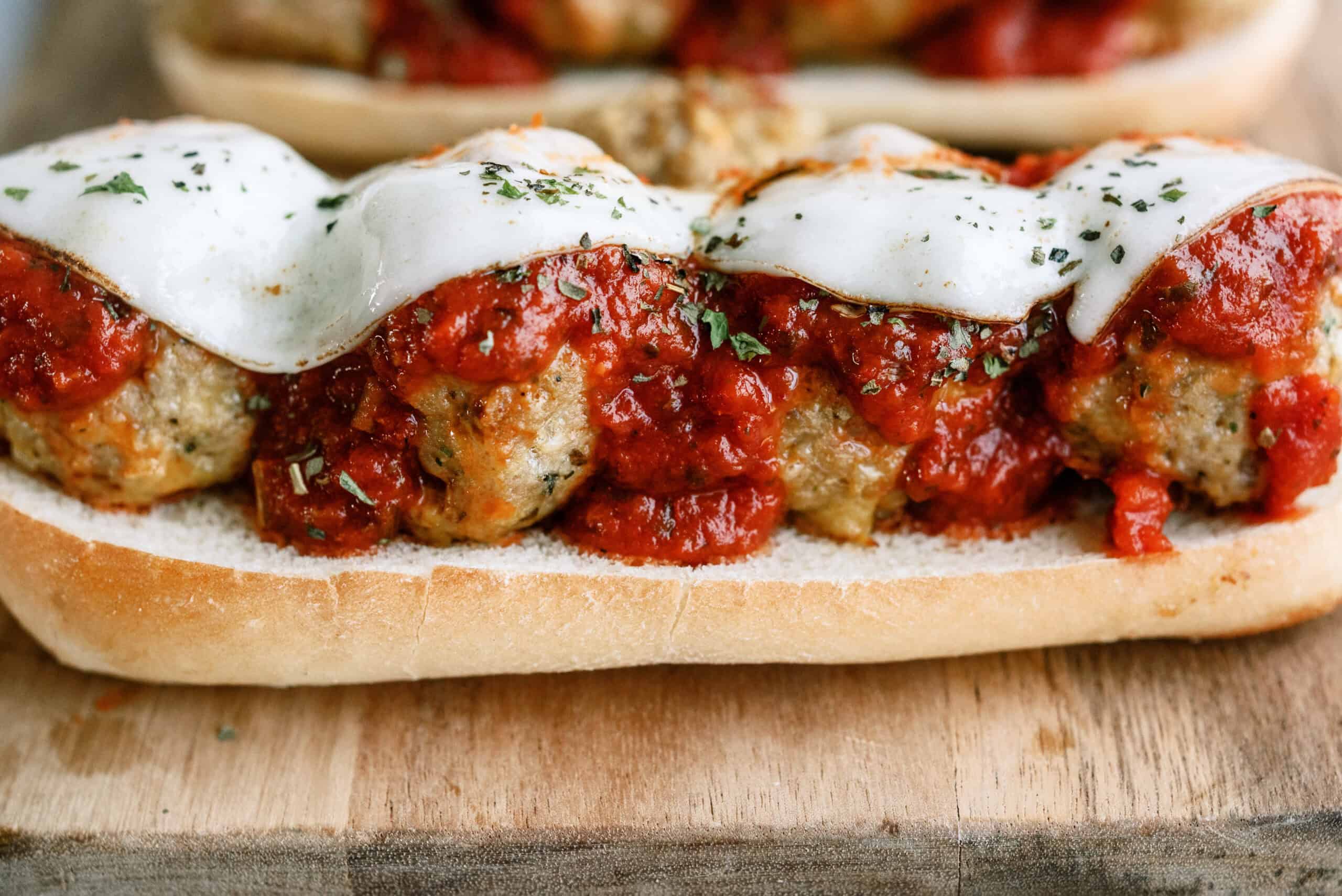 Close up of Homemade Turkey Meatball Sub