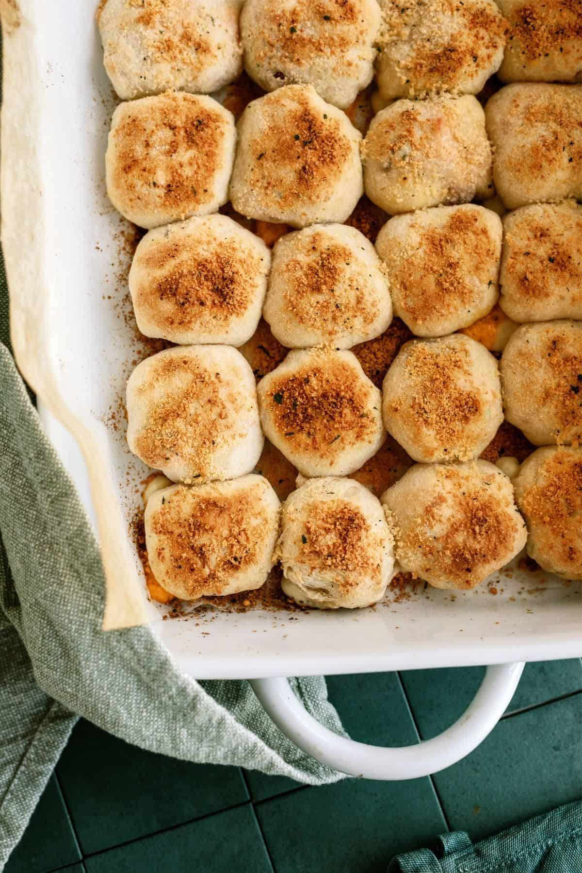 Baked Chicken Bacon Ranch Pizza Rolls in pan