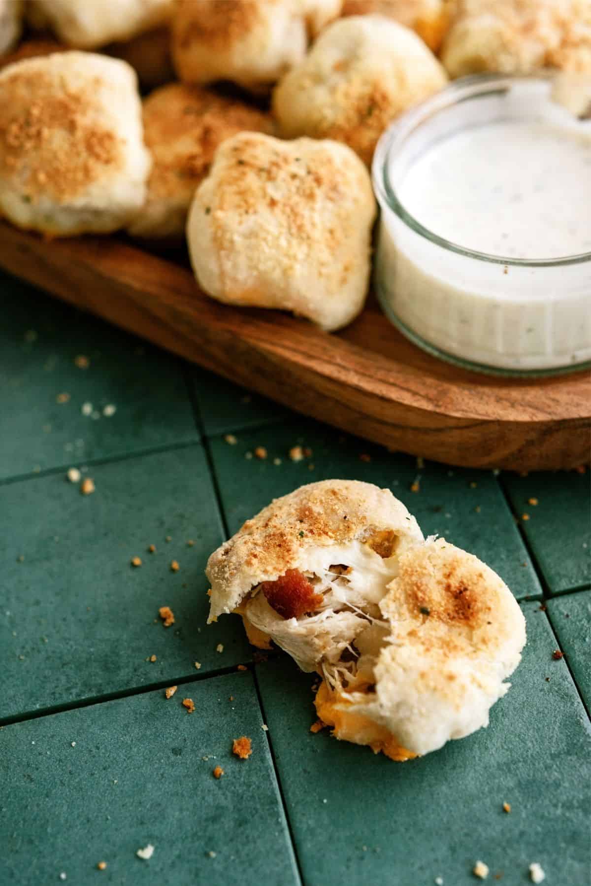 Chicken Bacon Ranch Pizza Rolls with one pulled open to show the insides