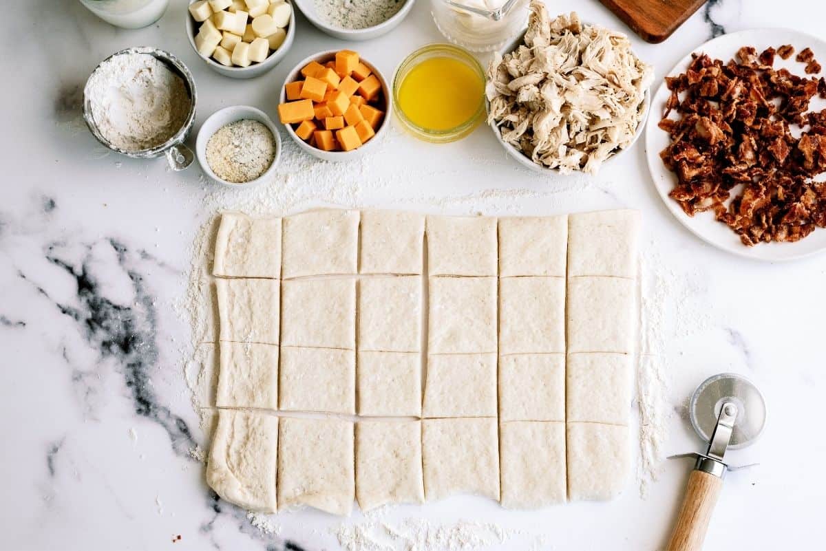 Pizza Dough cut into squares