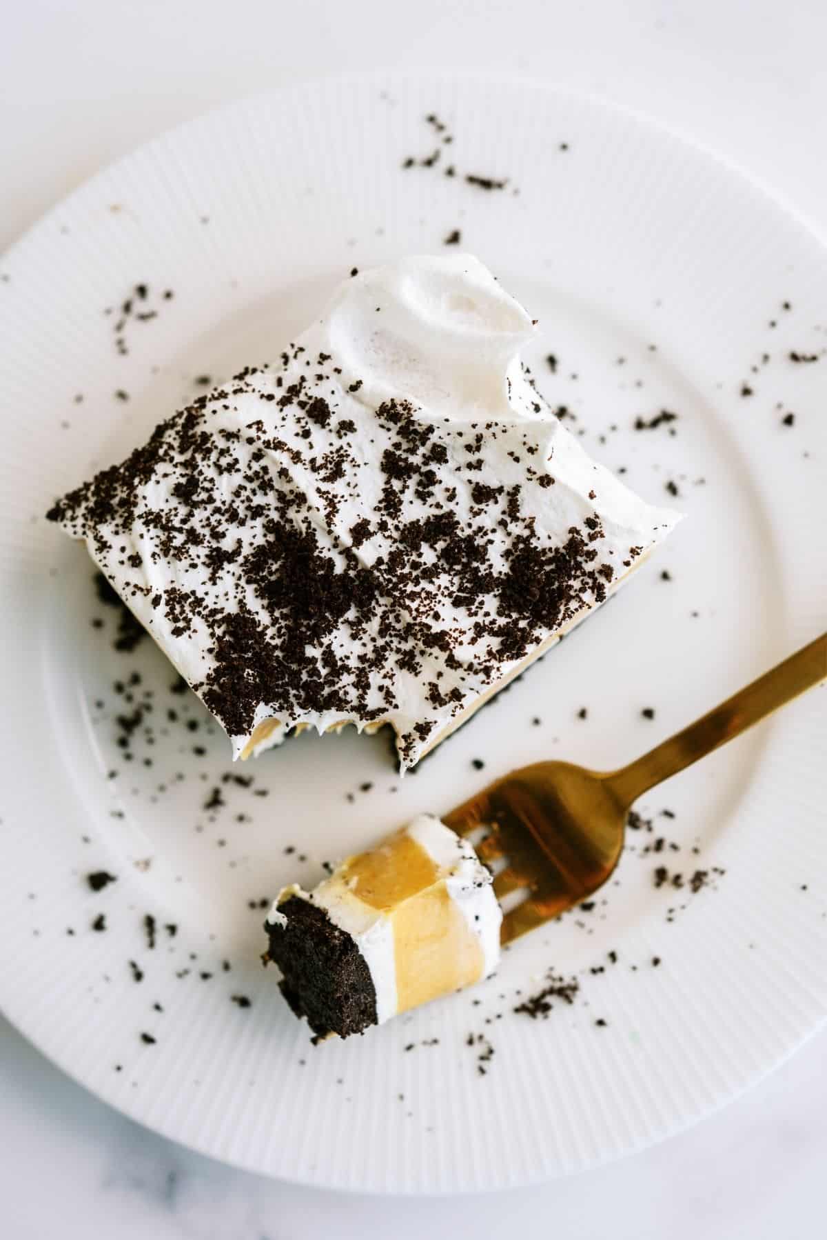 Slice of Chocolate Peanut Butter Lasagna on a plate