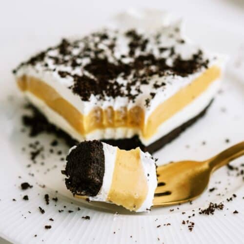 A slice of Chocolate Peanut Butter Lasagna on a plate with a fork taking a bite out of it.
