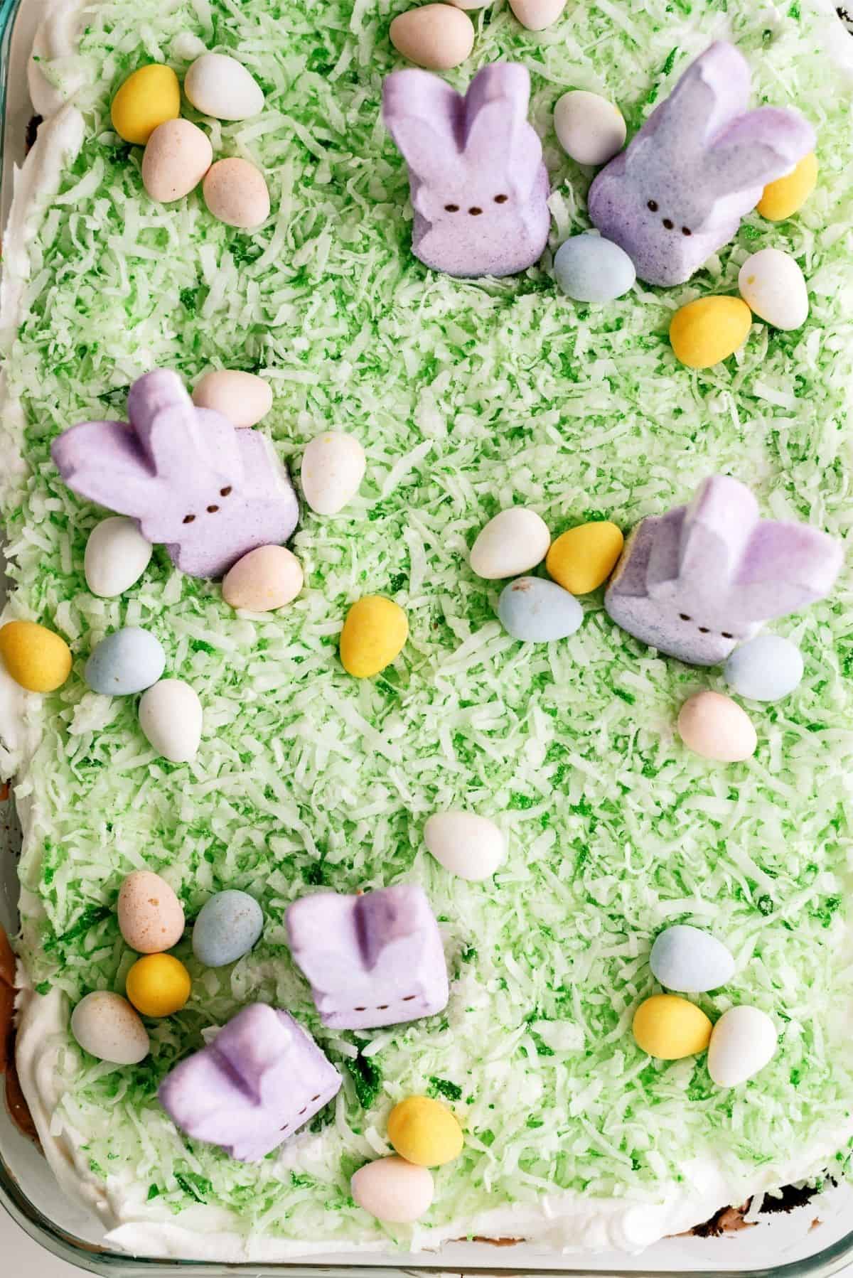 Top view of Easter Bunny Pudding Dirt Cake.