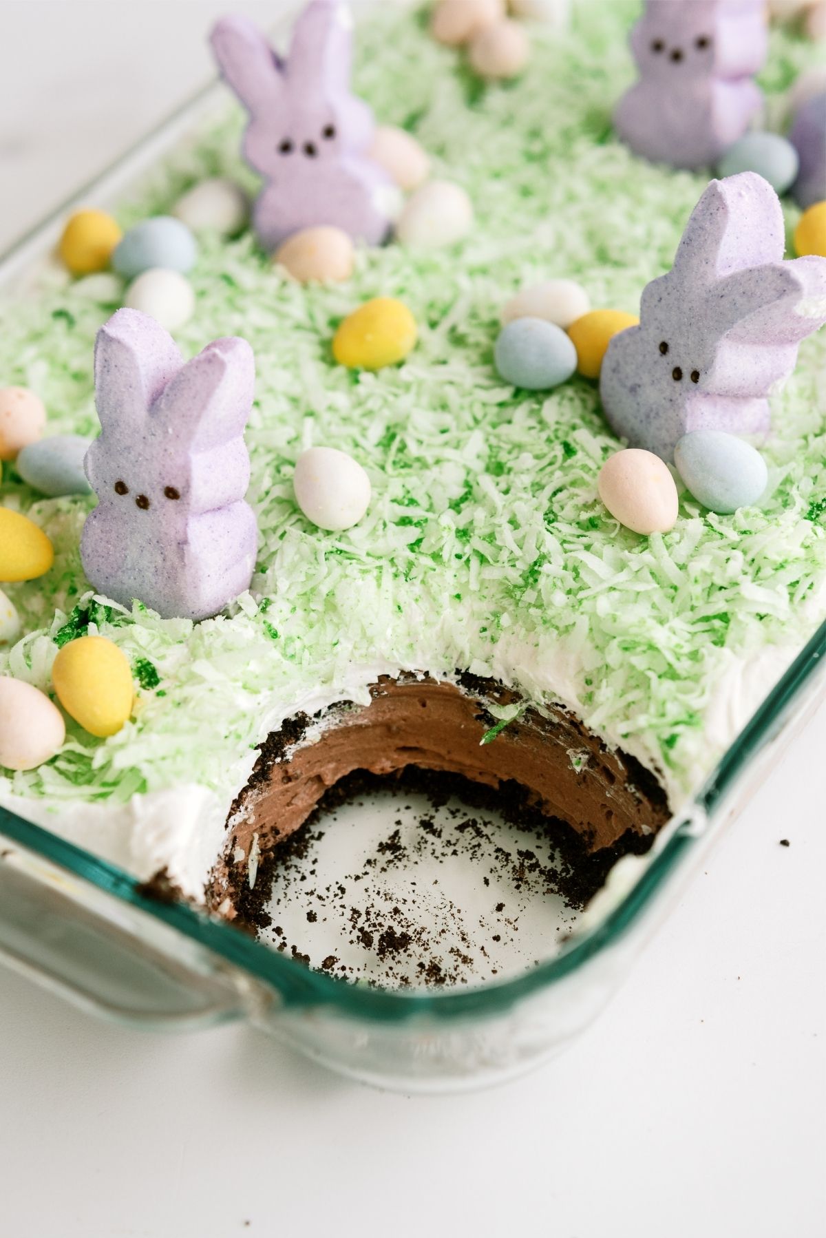 Easter Bunny Pudding Dirt Cake with a serving missing